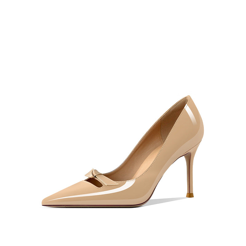 Women's Bow High Patent Pointed Stiletto Commuter Shallow Mouth Heels