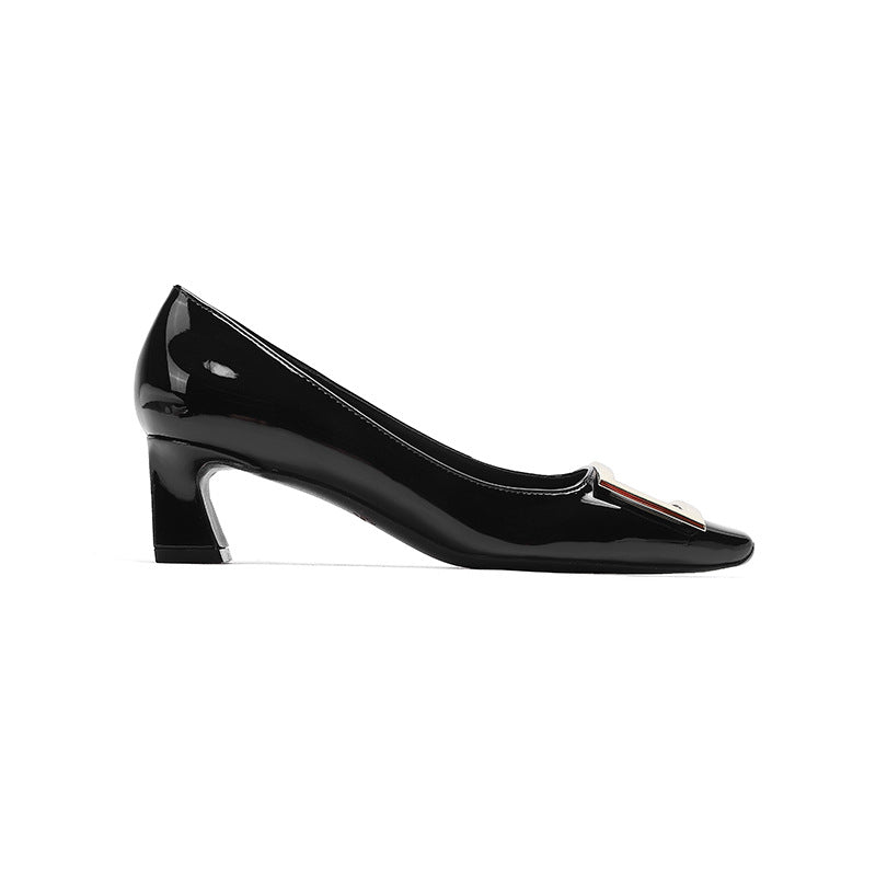Women's Spring Patent Square Buckle Chunky Mid Women's Casual Shoes