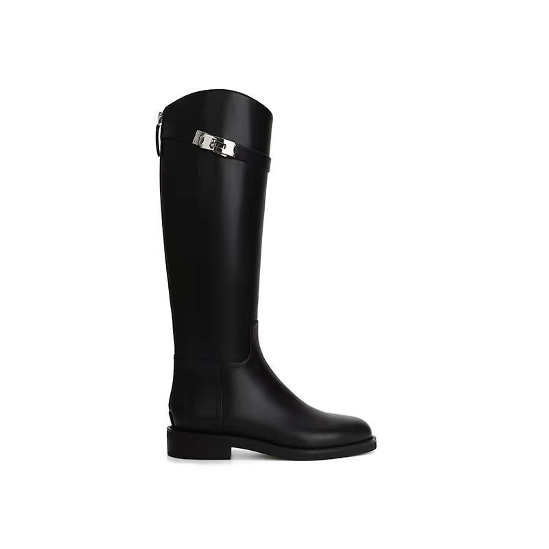 Women's Increasing Insole Below The Knee Long Biker Small Fleece-lined Women's Leather Boots