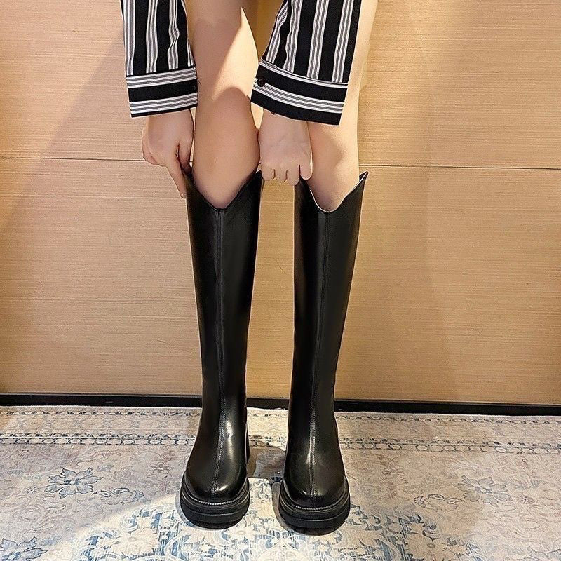 Women's Platform Knee-high V Cut Brown Knight Women's Leather Boots