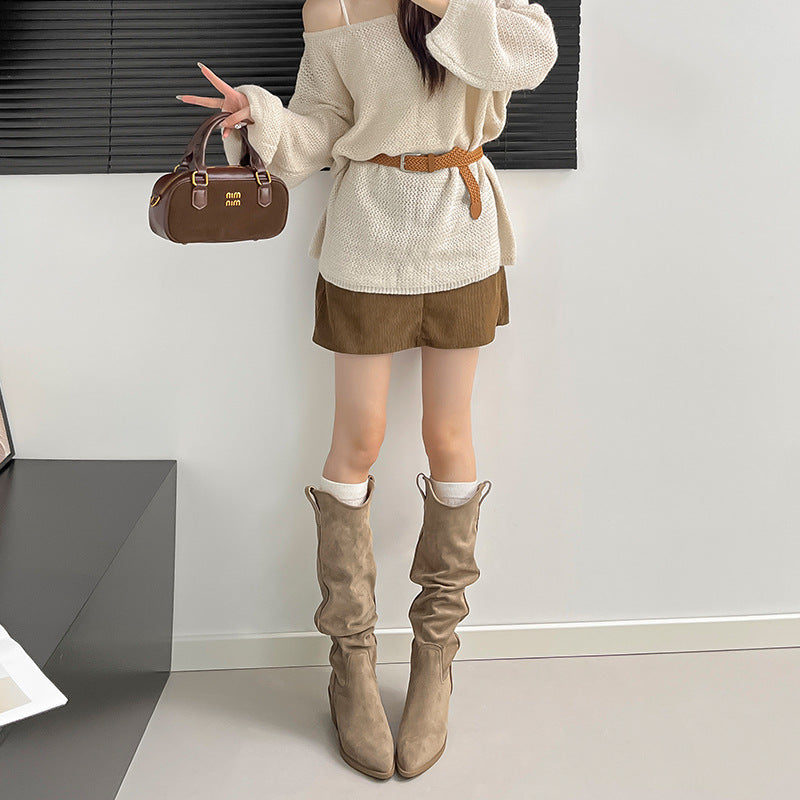 Women's Suede Knight V Buckle Skinny Pile Style Chunky Women's Leather Boots