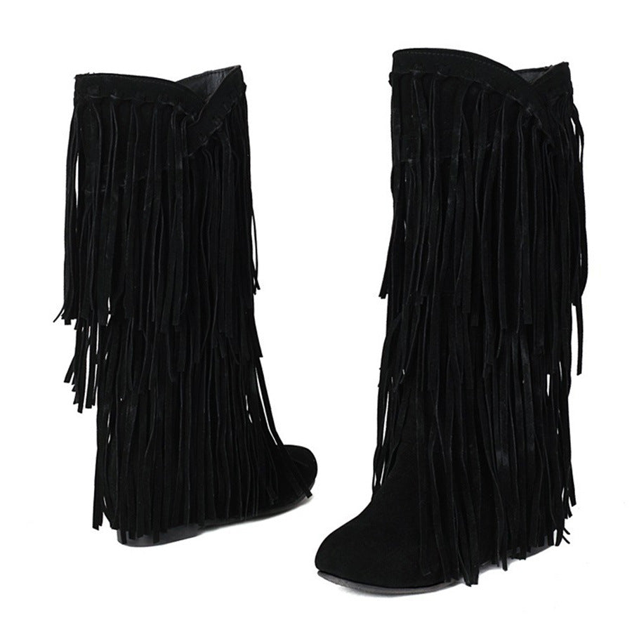 Women's Tassel Round Toe Invisible Elevated High Leg Long Women's Leather Boots
