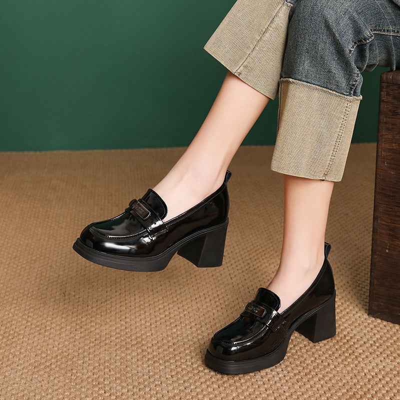 Women's Cowhide British Style High Spring Chunky Platform Comfortable Heels