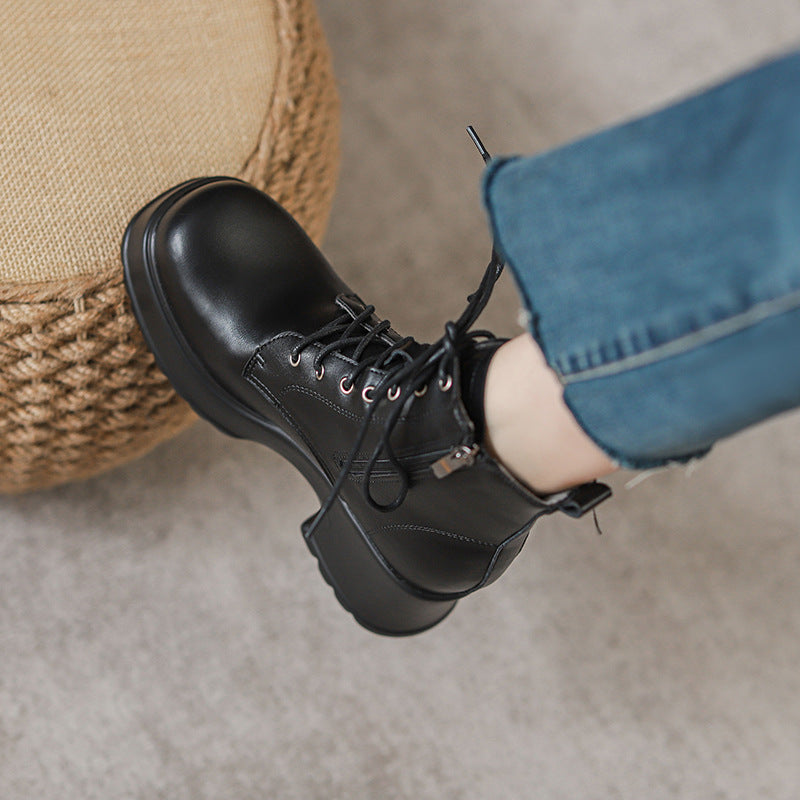 Women's Hight Increasing Martin Fleece-lined Black Retro Muffin Thick Bottom Boots