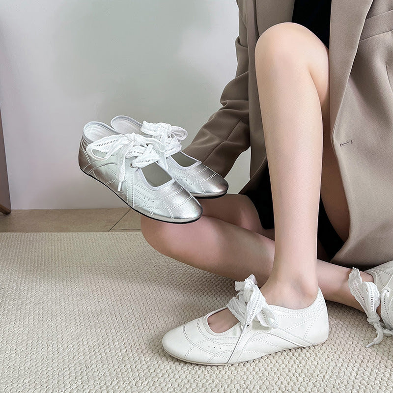 Women's Shallow Mouth French Style Ballet Classic Lace Strap Men's Shoes