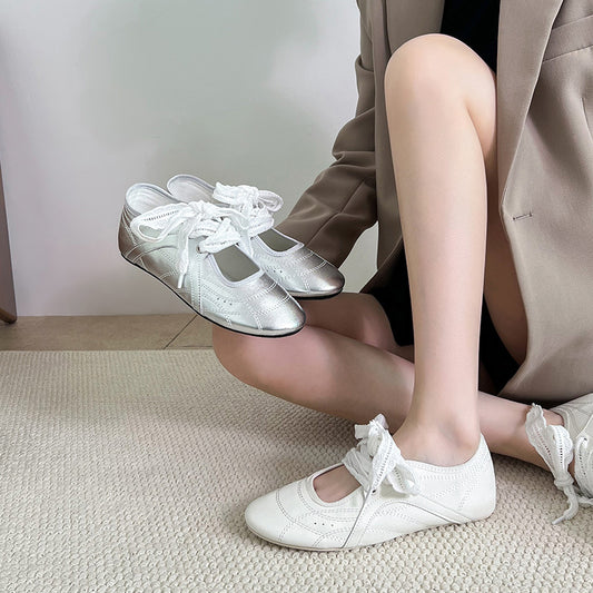 Women's Shallow Mouth French Style Ballet Classic Lace Strap Men's Shoes
