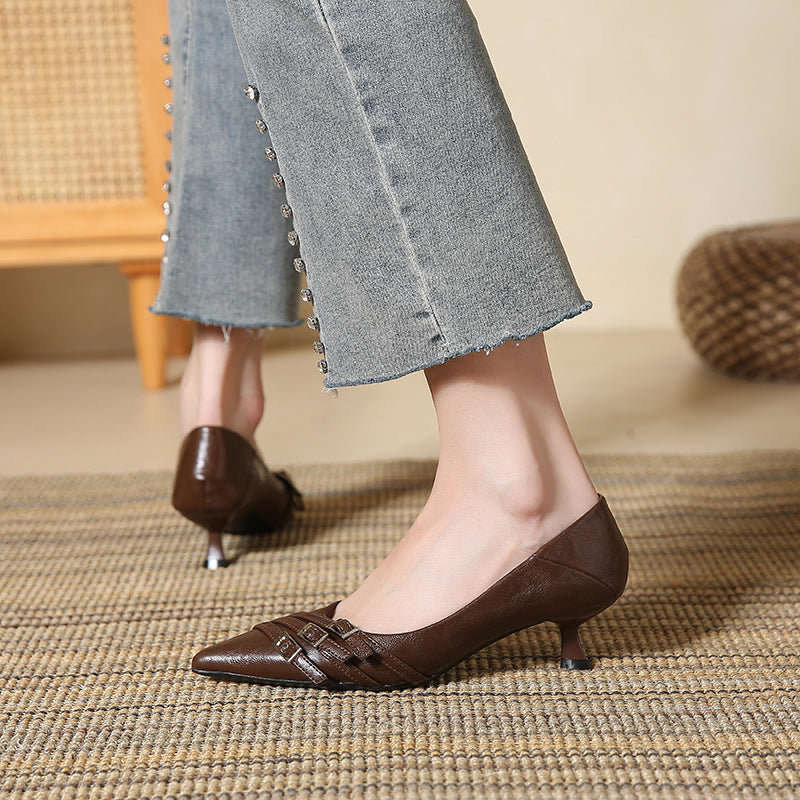 Belt Buckle Kitten High Autumn Korean Women's Shoes