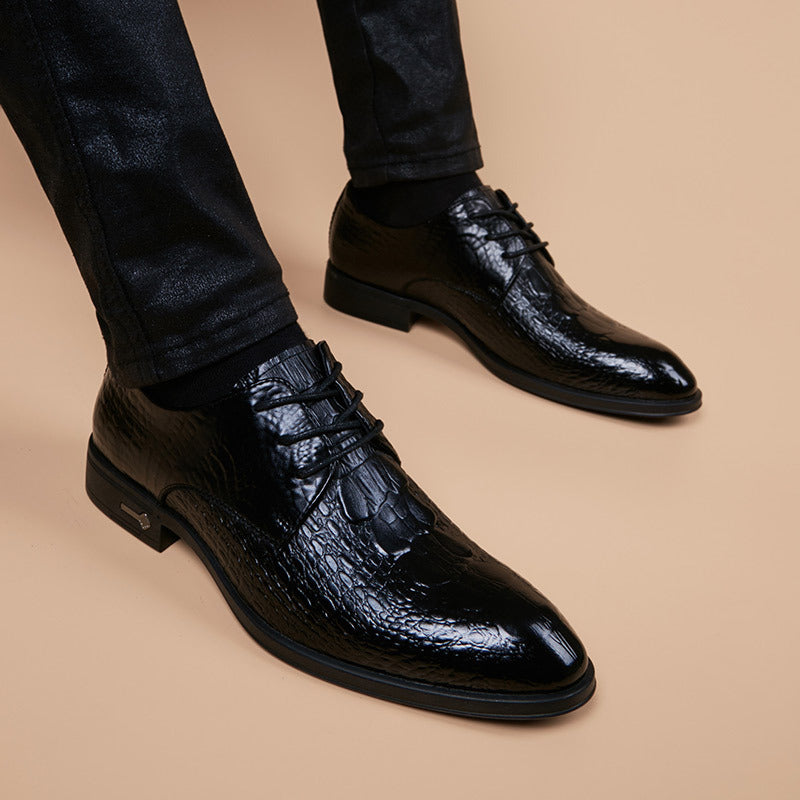Men's Korean Style Genuine Groom Wedding Crocodile Pattern Green British Men's Business Leather Shoes