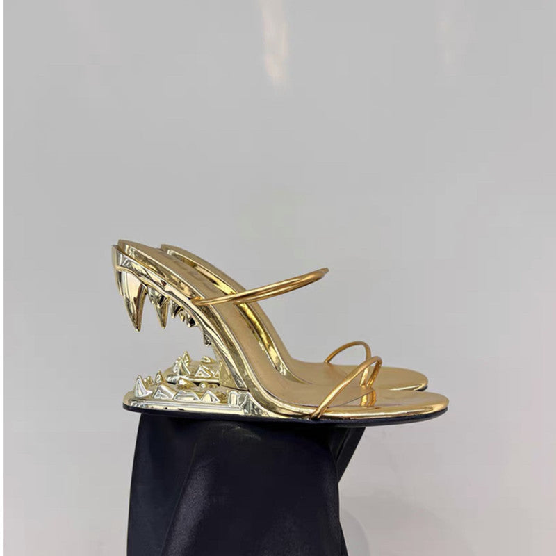 Metal Giant Tooth Tiger Abnormal Shape Open Toe Heels