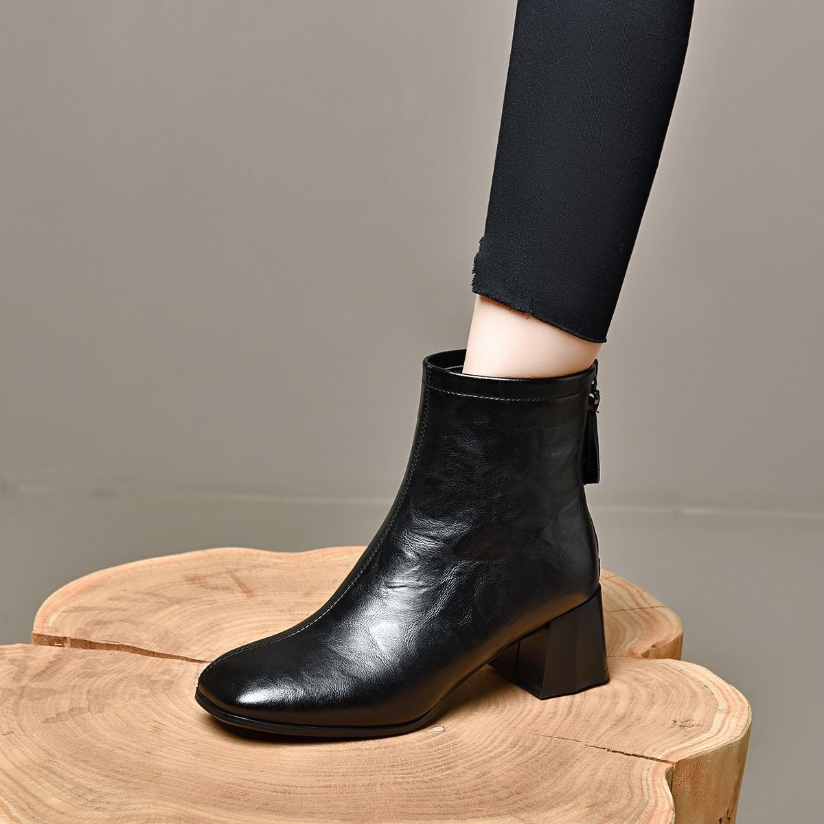 Women's Clutch Pattern Cowhide Mid Thick Middle Winter Soft Heels