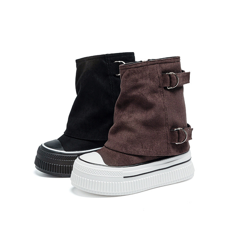 Women's Spring Thick-soled Height Increasing Western Sense Pure Color Women's Leather Boots