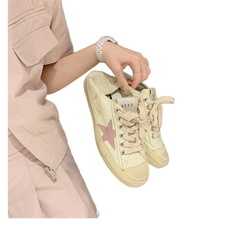Women's Distressed Dirty Sports White Flat Step-on Half Women's Board Shoes