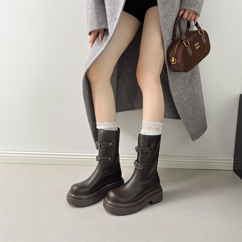 Women's Retro Belt Buckle Platform Height Increasing Knight Ankle Women's Leather Boots