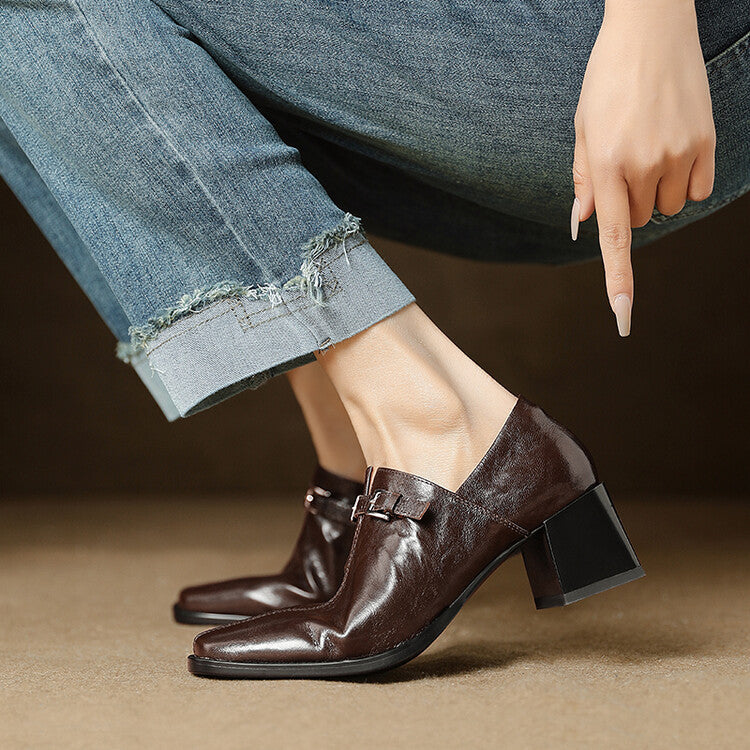 Women's Spring Square Head Chunky High Hand Grip Deep Women's Fashion Shoes