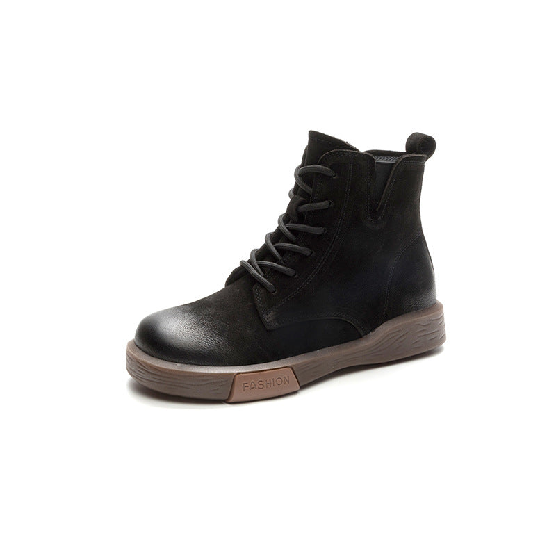 Women's Layer Cowhide Retro Lace Up Ankle Side Zipper Casual Shoes