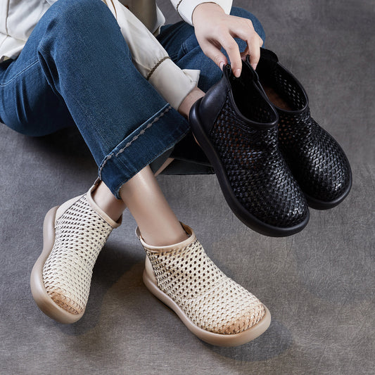 Retro Round Toe Woven Hollowed Genuine Sandals