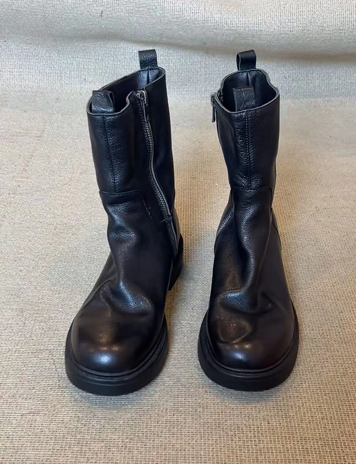 Soft Cowhide Martin Side Zipper Fashion British Round Women's Leather Boots