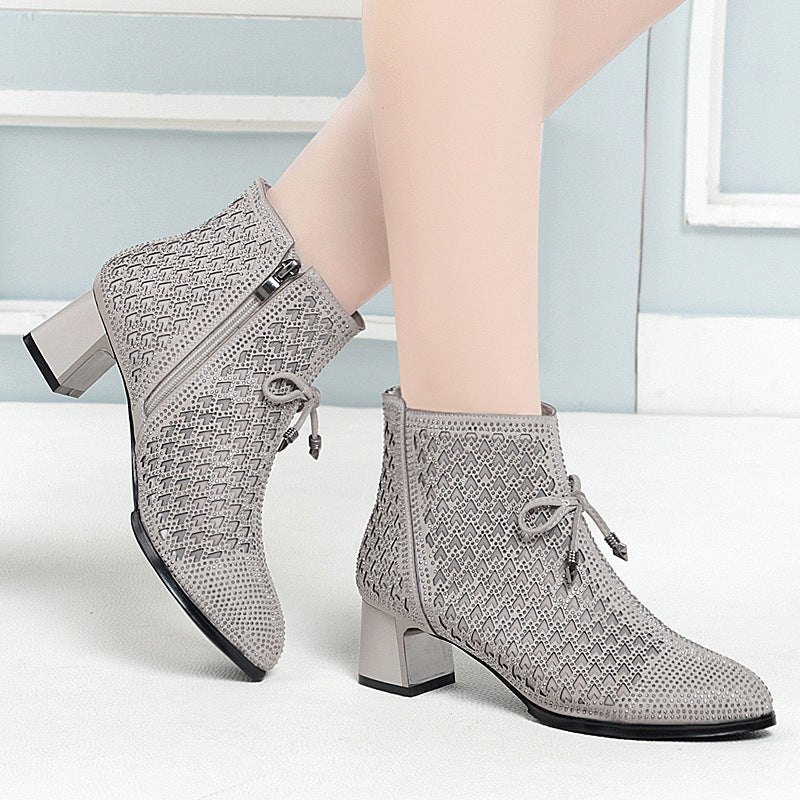 Women's Rhinestone Summer Mid Ankle Chunky Breathable Boots