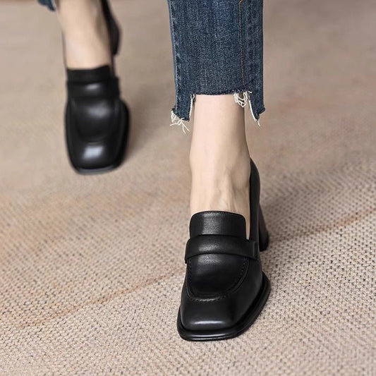 Women's Brown High Genuine Soft Chunky Pumps Heels