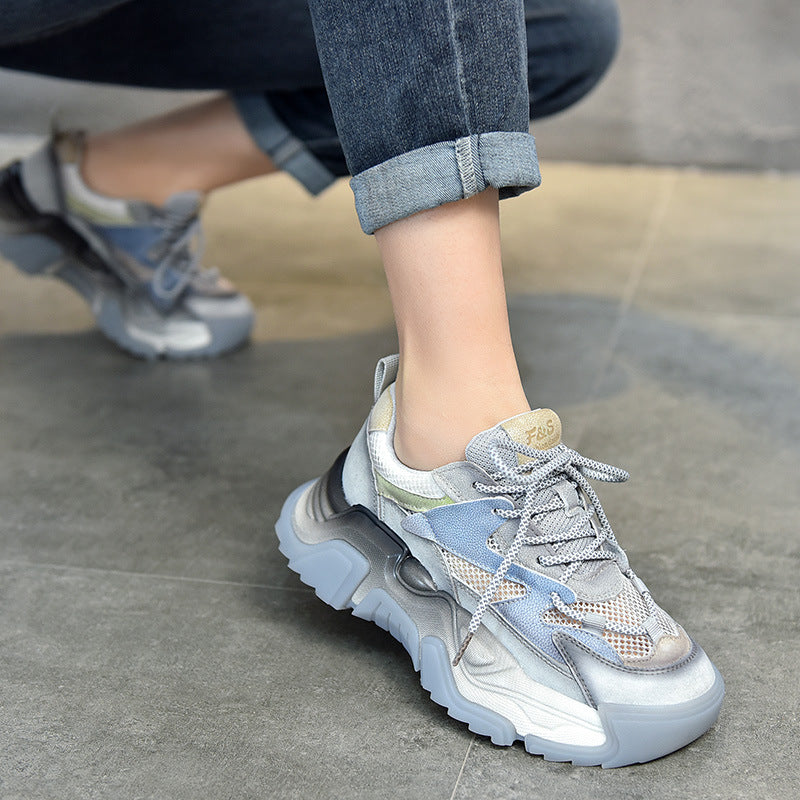 Women's Trendy Retro Platform Color Matching Mesh Round Casual Shoes