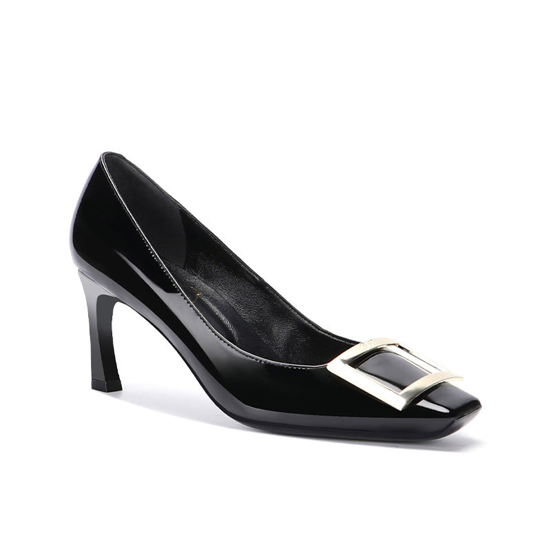 Women's Metal Buckle Patent Square Toe Mid Women's Casual Shoes