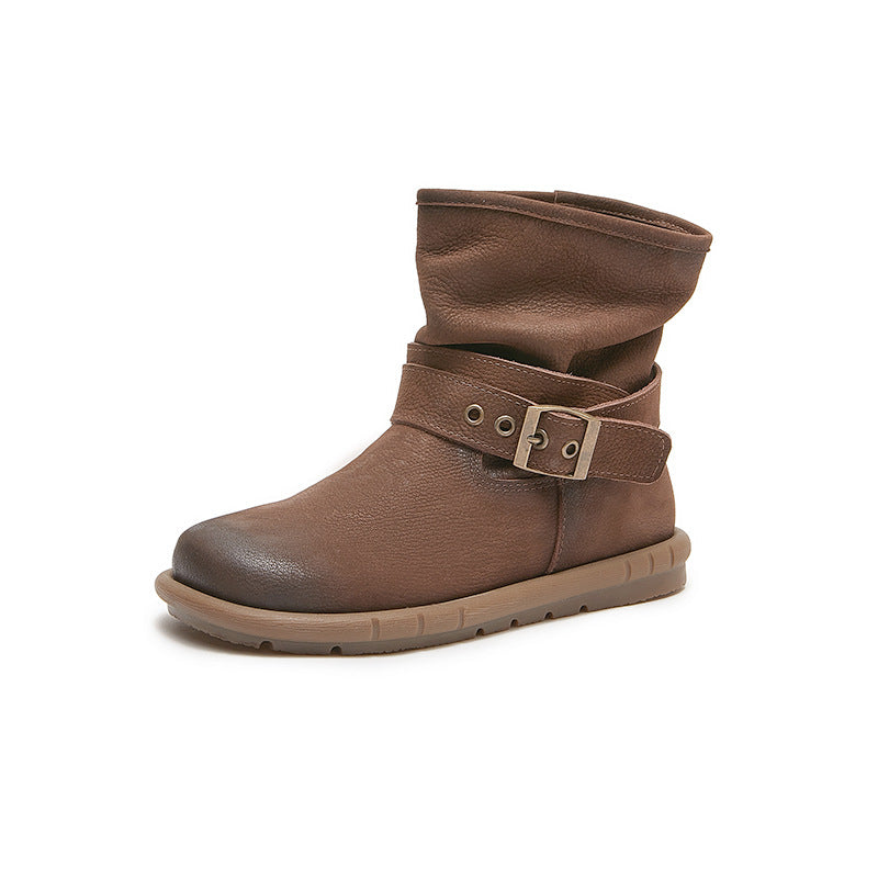 Women's Genuine Single Mori Style Retro Round Toe Comfortable Soft Bottom Women's Leather Boots