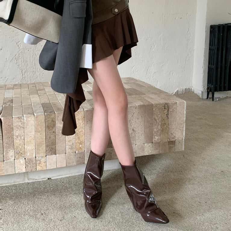 Hot Middle Pantyhose Wedge French Retro Women's Leather Boots