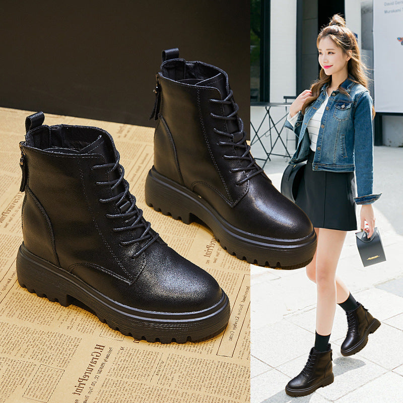 Women's Double Zipper Martin Fashionable Height Increasing Insole Short Women's Leather Boots