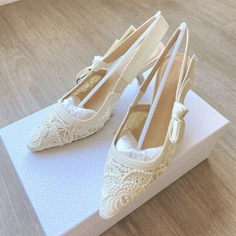 Women's Letter Lace Wedding Mesh Flat Kitten Pointed Sandals
