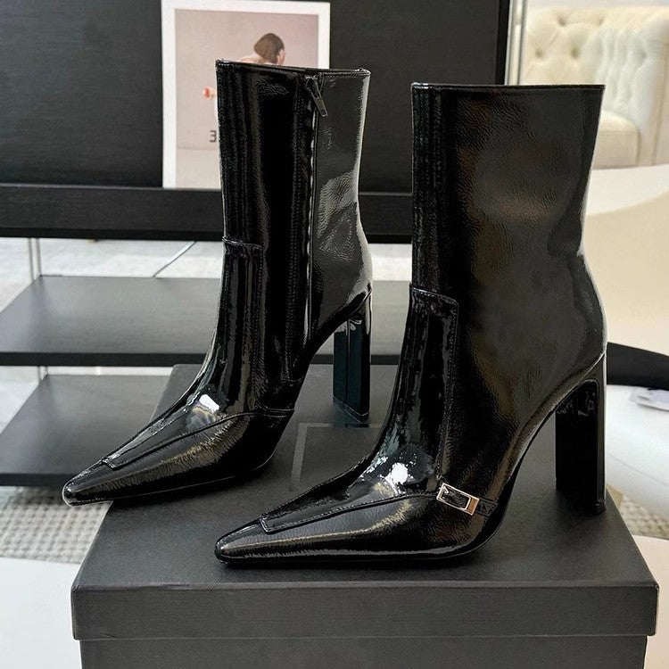 Women's Pointed Ankle Veet Padded Black Chunky Fashion Women's Leather Boots