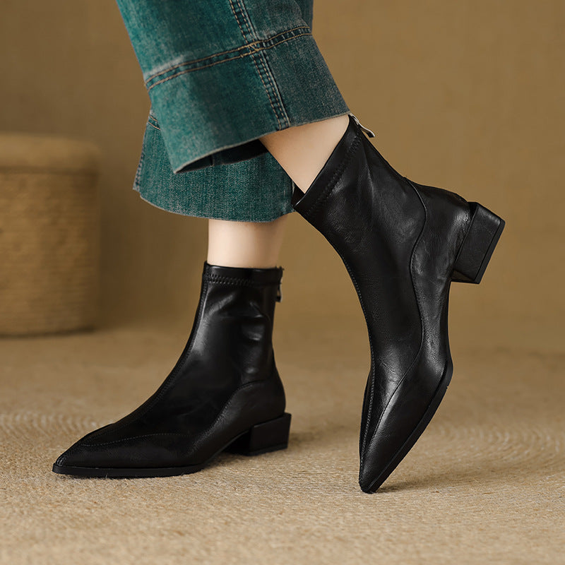 Women's Toe Stretch Thin Chunky Ankle Vintage Women's Leather Boots