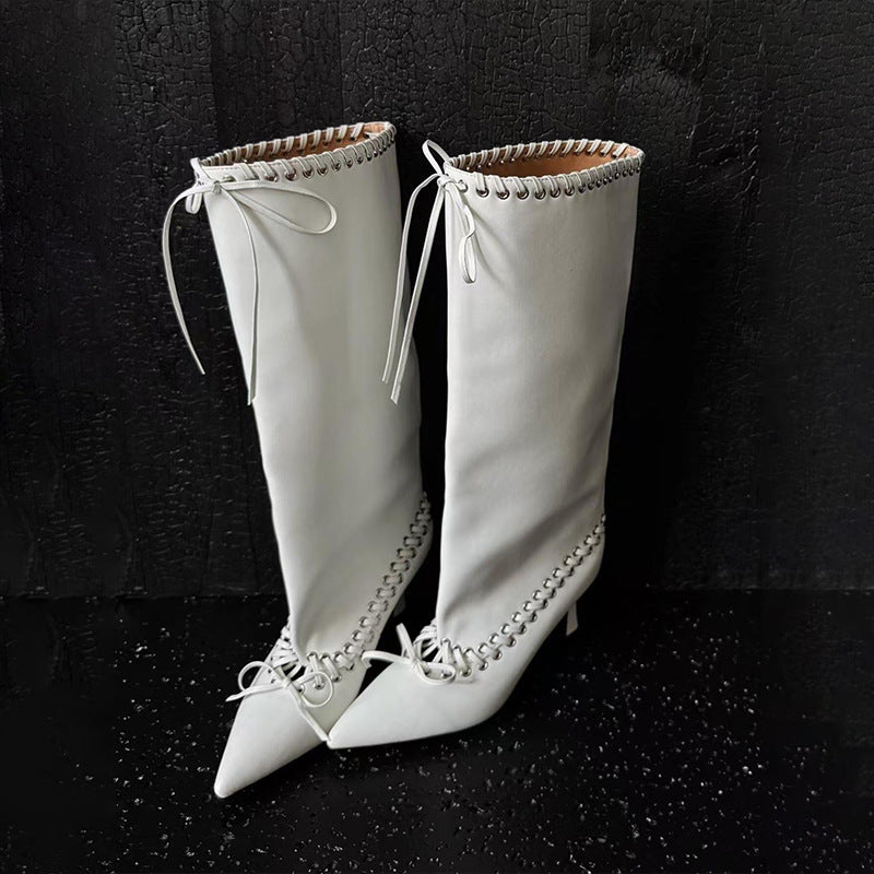 Women's Cowhide Version Pointed Stiletto Loose Straight Tall Knight Women's Leather Boots