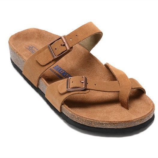 Women's & Men's Single Buckle Soft Bottom Cork Toe Ring Flat Slippers
