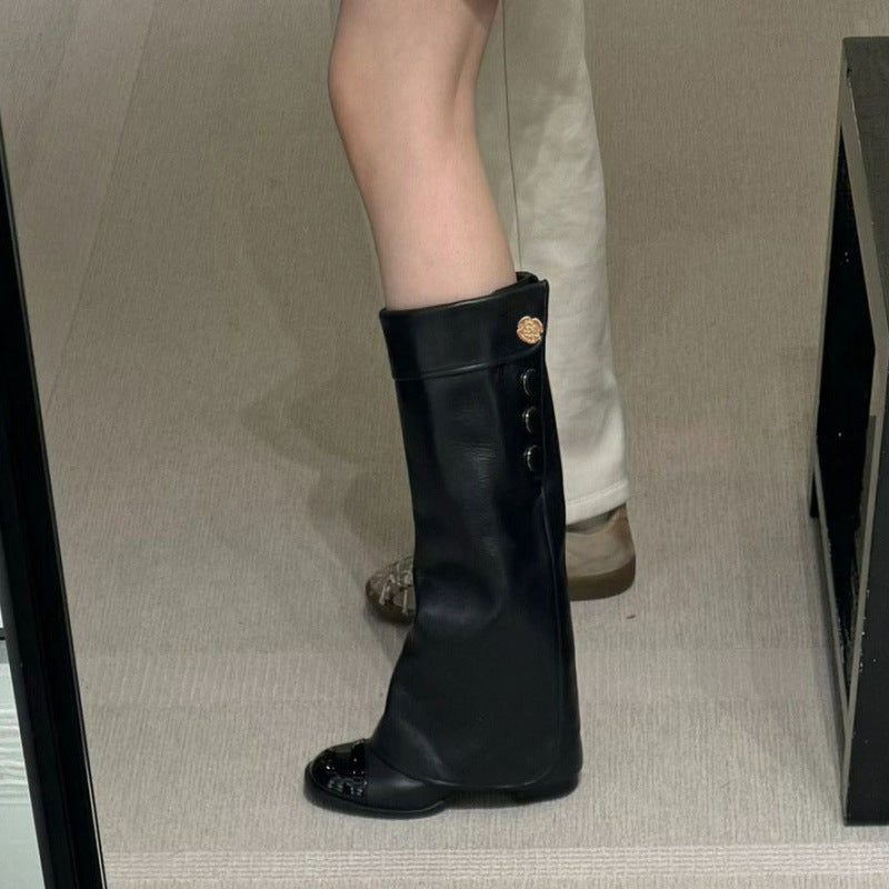 Sheepskin Version Camellia Genuine Chunky Knight Long Female Classic Style Women's Leather Boots