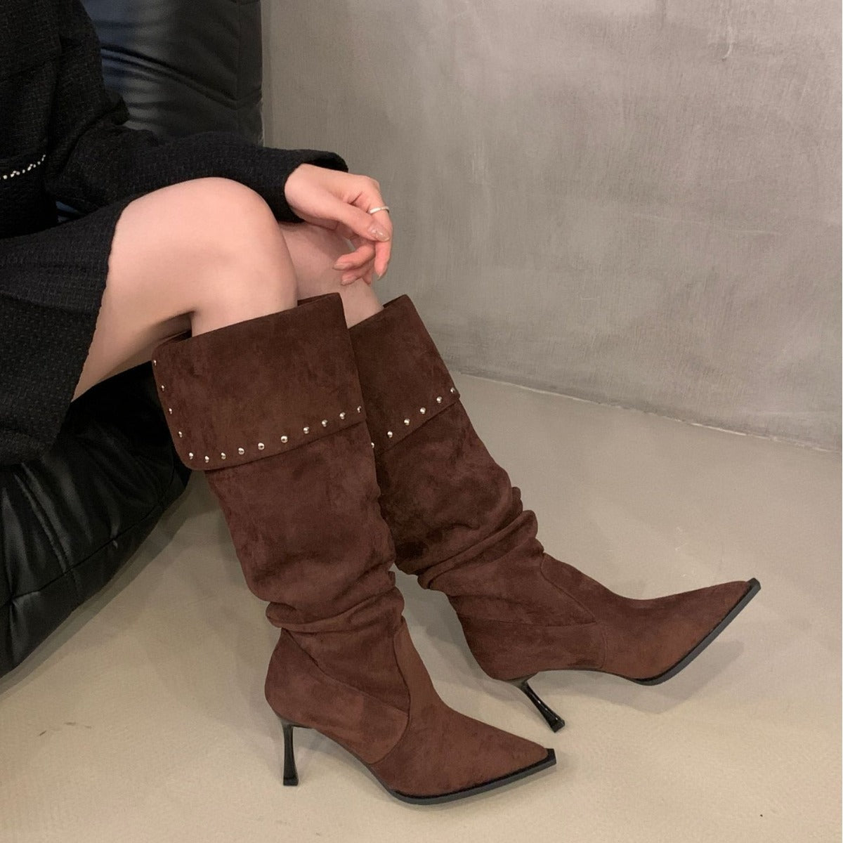 Pleated Pile Style Small Rivet Stiletto Below The Knee Knight Women's Leather Boots