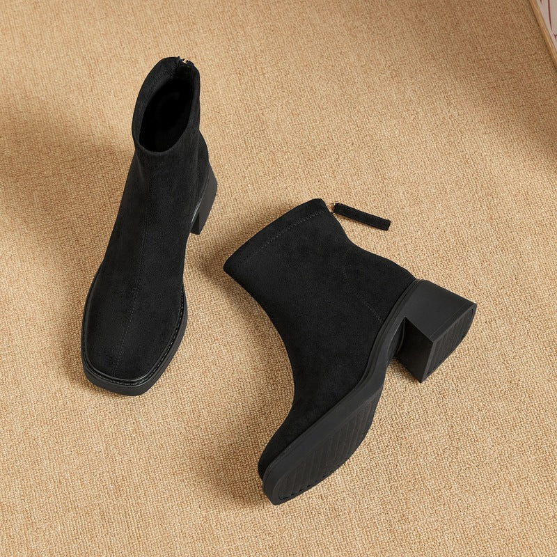 Women's Back Zipper Square Toe Thick Thin Vintage Fashion Suede High Women's Leather Boots