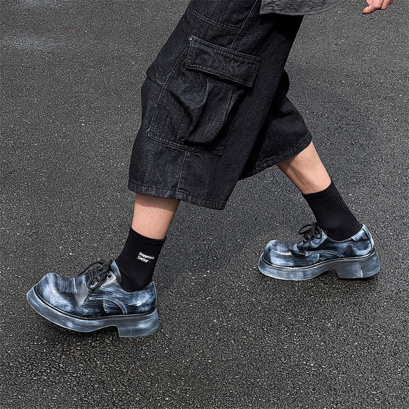 Men's Platform Round Toe Mid Muffin Black Men's Casual Leather Shoes