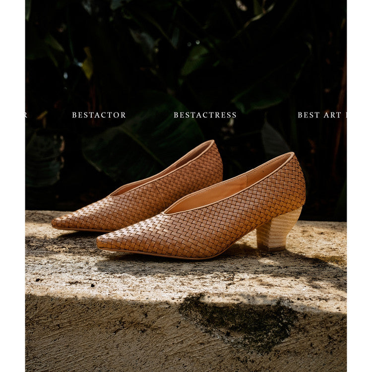 Women's Woven Pumps Thick Kitten Early Spring Genuine Square Toe Low-cut Women's Fashion Shoes