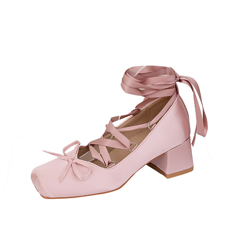 Chunky Pink Cross High Ballet Style Outside Heels
