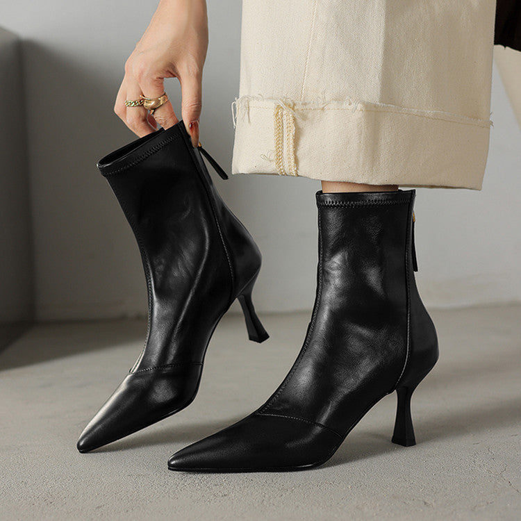 Women's Pointed Ankle Stiletto Zip Cowhide Fashion Brown Heels