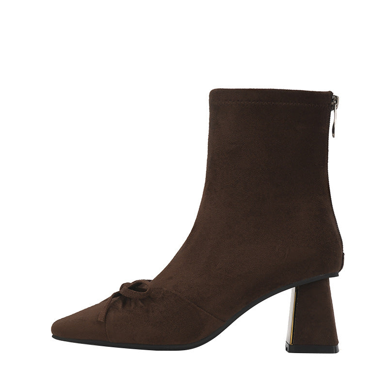 Women's Bow Back Zipper Temperament Square Toe High Short Thick Women's Leather Boots
