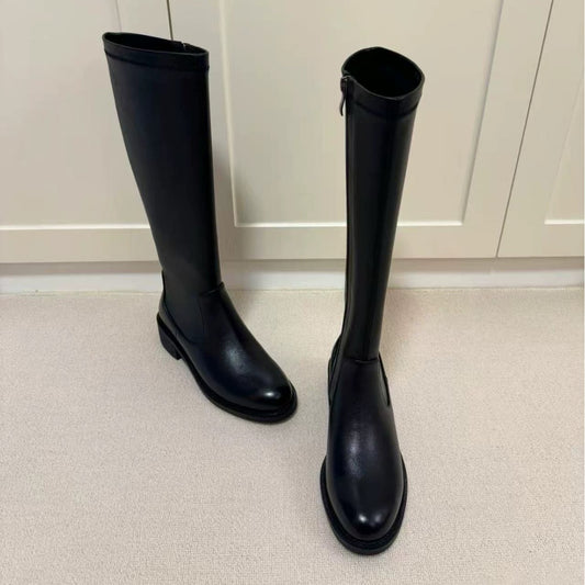 Women's Simple Graceful Round Head Chunky Knight Side Zipper Long Tube Women's Leather Boots
