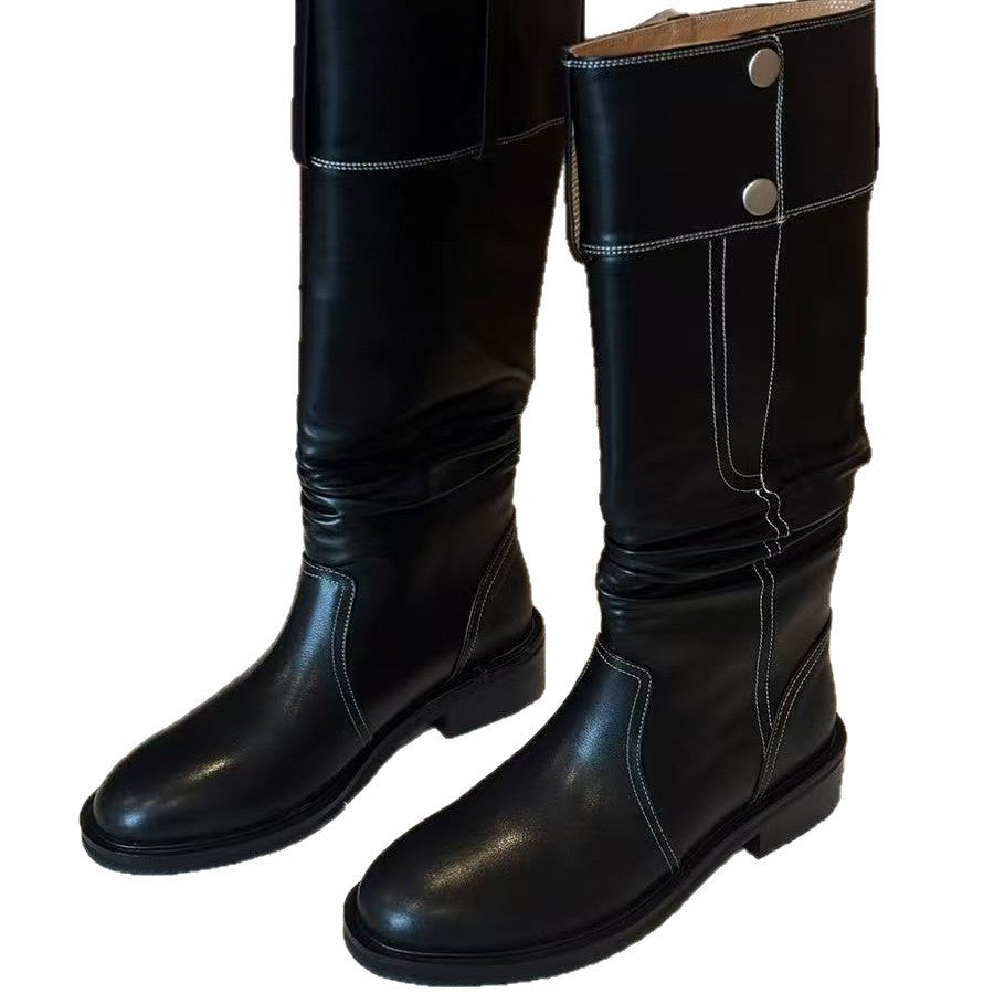 Version Black Vintage Button High Female Below The Knee Pleated Boots