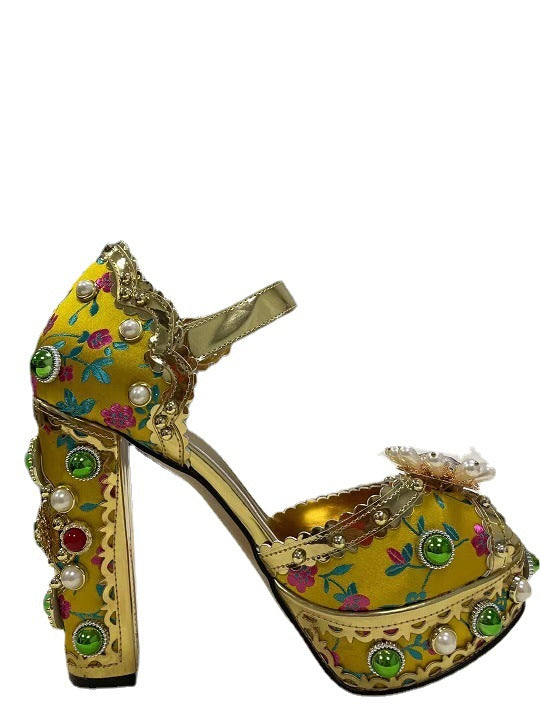 Women's Gold Mirror Rhinestone Flower Show Waterproof Platform High Heeled Sandals