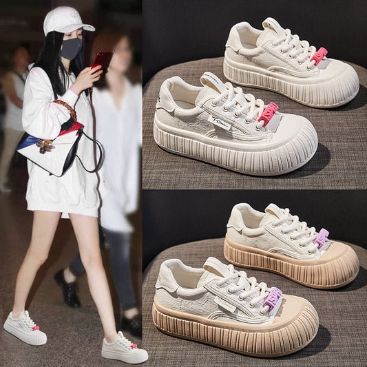 Women's Genuine Live White Spring Versatile Platform Muffin Sneakers
