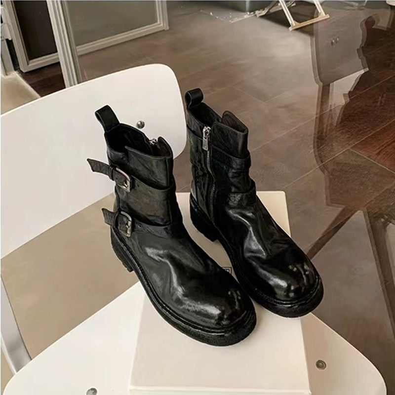 Women's Washed Shrink Horse Round Head Thick Bottom Thin Women's Leather Boots