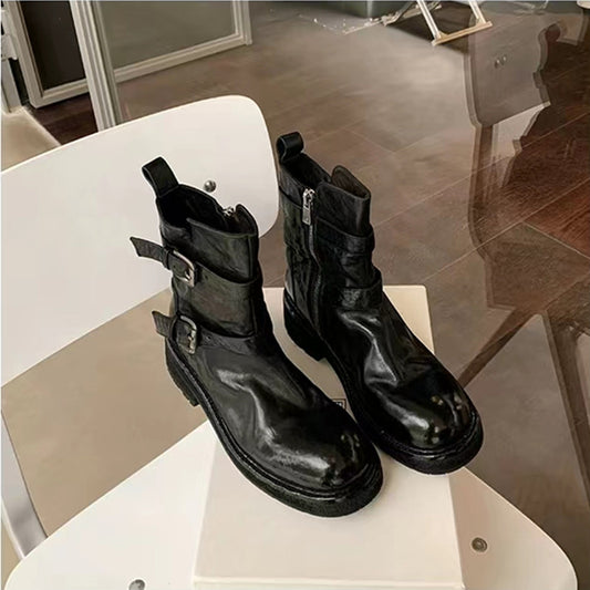 Women's Washed Shrink Horse Round Head Thick Bottom Thin Women's Leather Boots