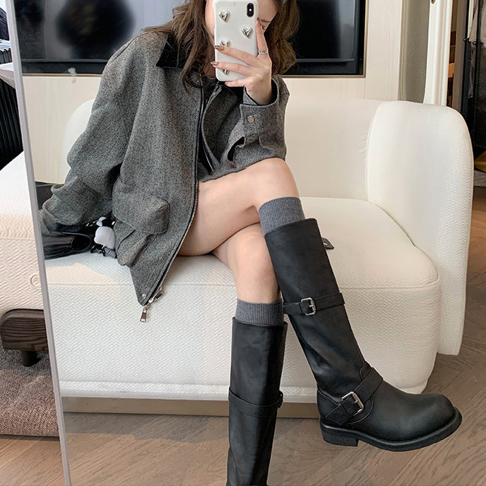 Women's Double Buckle For Round Toe Tube Western Long Female Boots