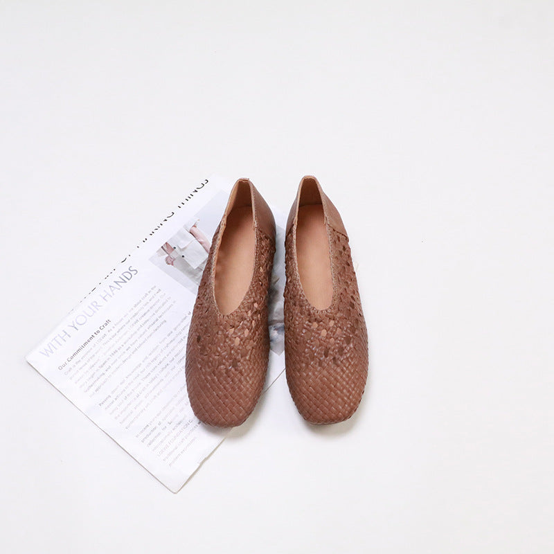 Women's Handmade Braided Square Toe Hollow Flat Women's Casual Shoes