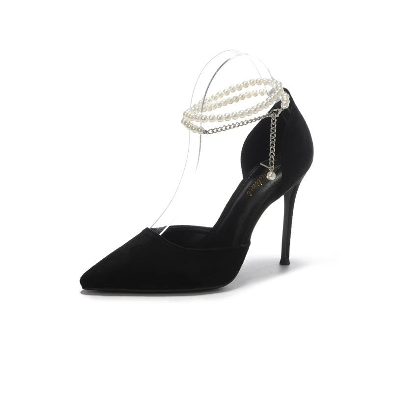 Women's & Men's Pointed Stiletto Black Suede Pearl Buckle Men's Shoes